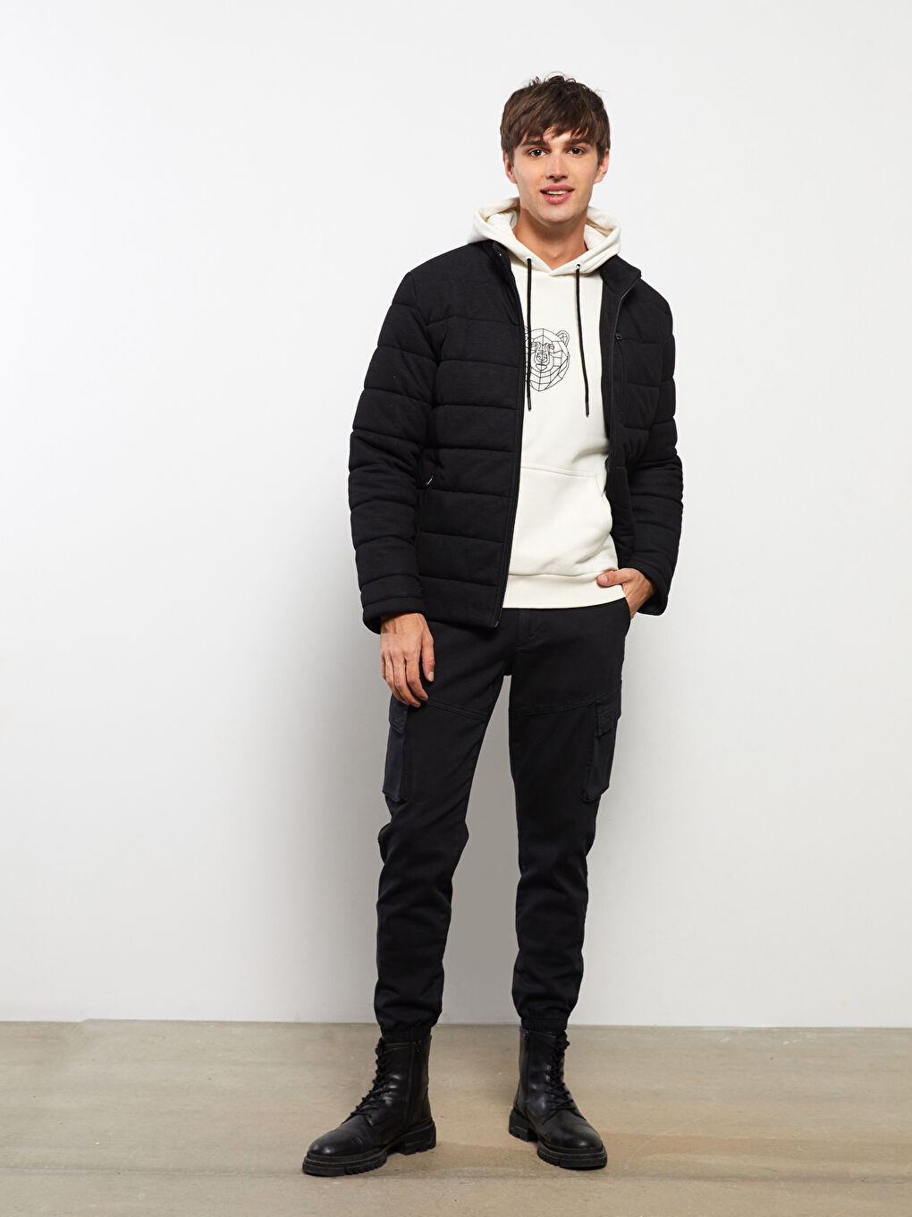 Siyah Slim Fit Gabardin Erkek Kargo Pantolon-1