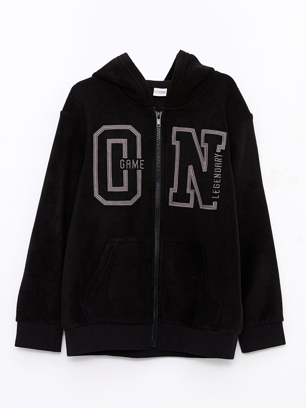 Siyah Kapüşonlu Nakışlı Uzun Kollu Polar Erkek Çocuk Fermuarlı Sweatshirt