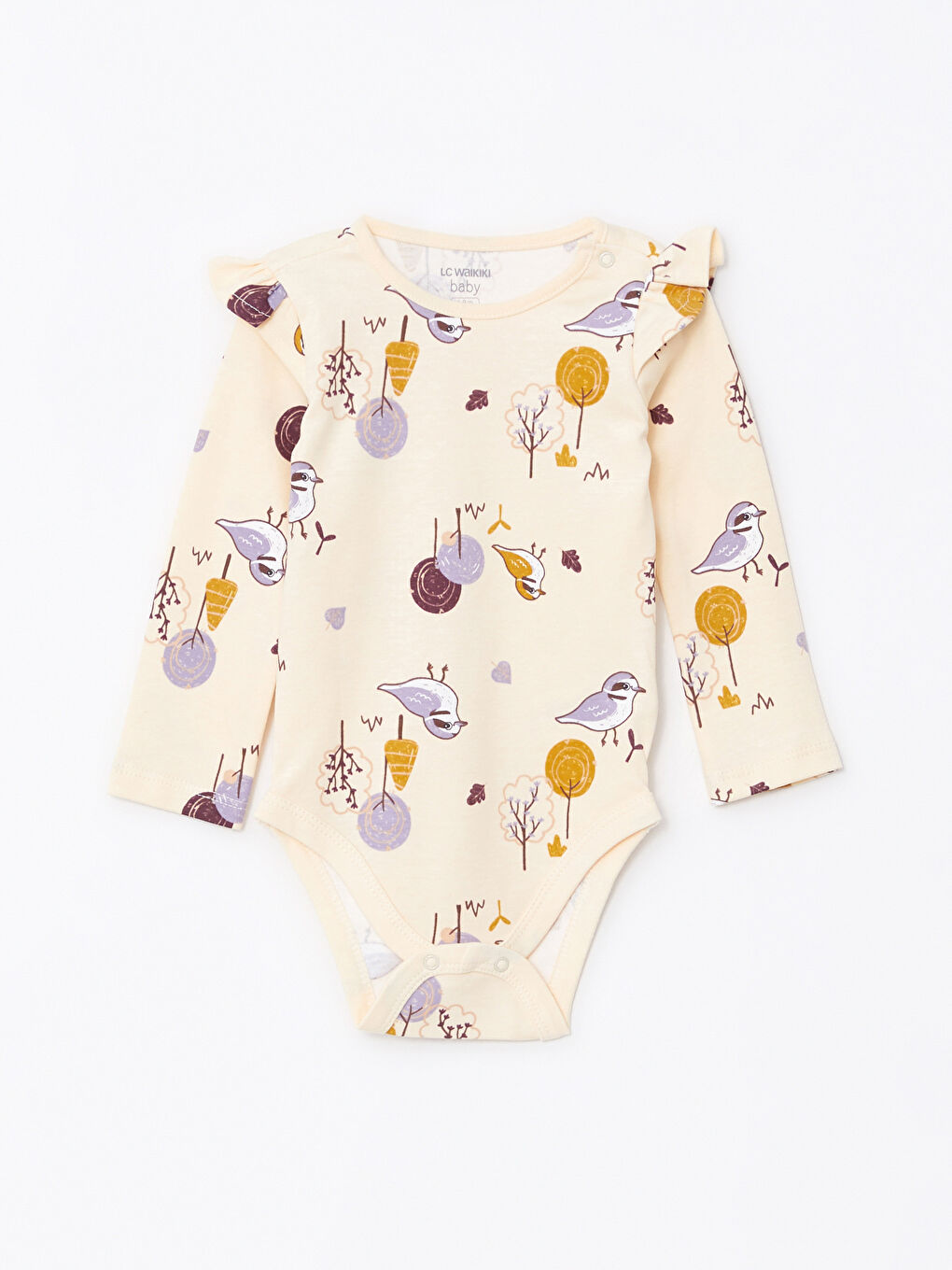 Bej Bisiklet Yaka Uzun Kollu Baskılı Kız Bebek Çıtçıtlı Body ve Pantolon 2'li Takım-1