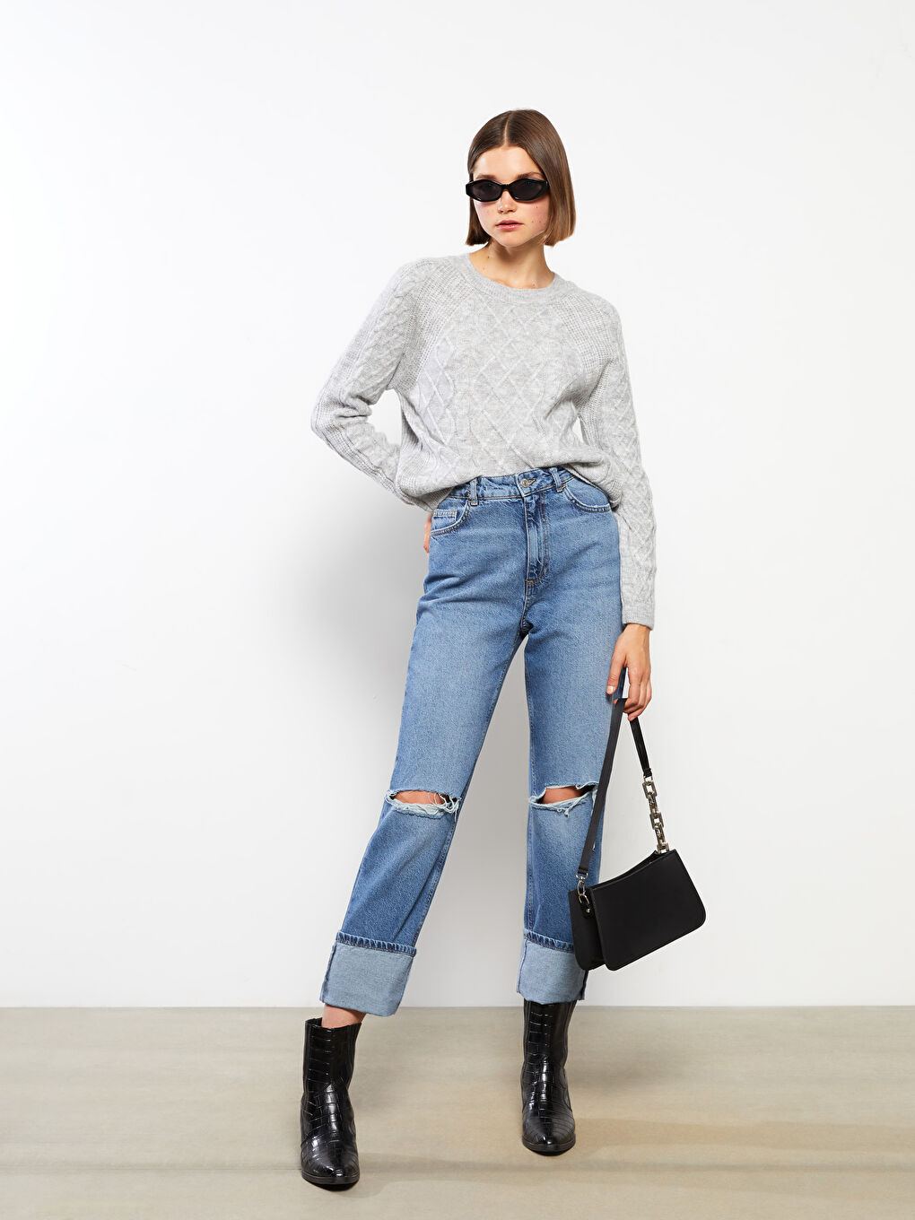 Crew Neck Self Patterned Long Sleeve Women's Knitwear Sweater