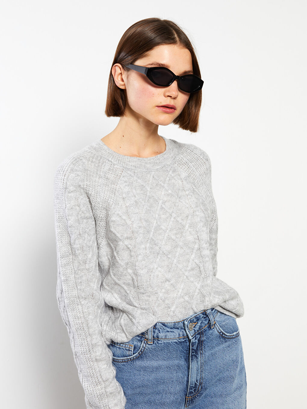 Crew Neck Self Patterned Long Sleeve Women's Knitwear Sweater-1