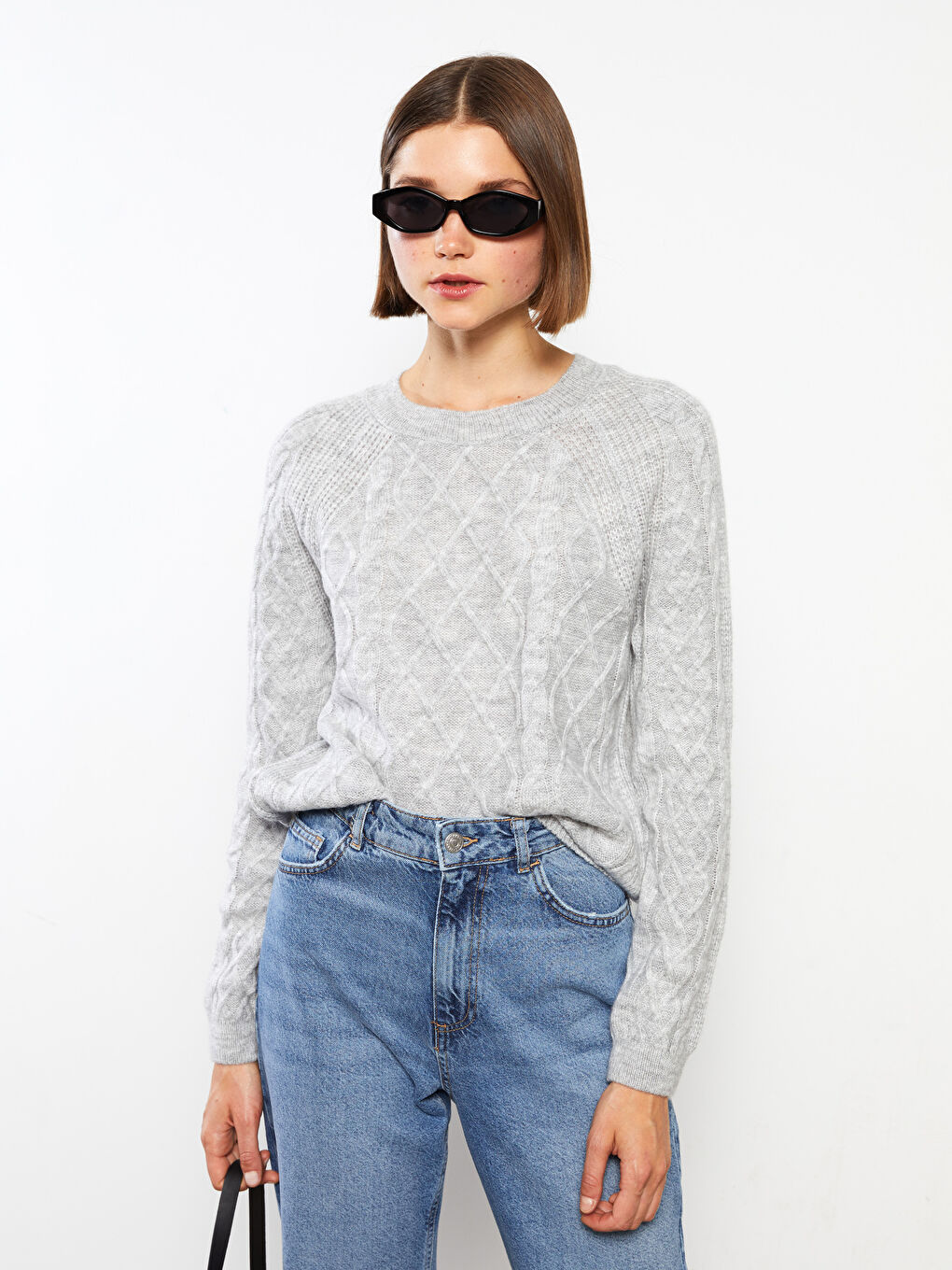 Crew Neck Self Patterned Long Sleeve Women's Knitwear Sweater-2