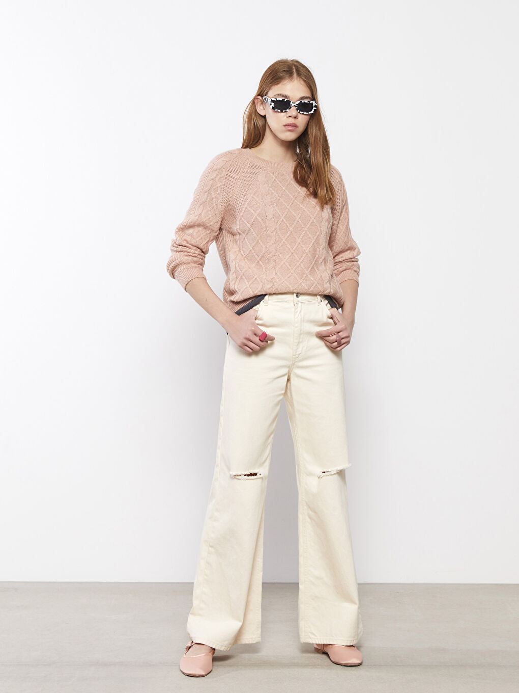 әйелдерге арналған дөңгелек жағалы өрнекті ұзын жең трикотаж жемпір