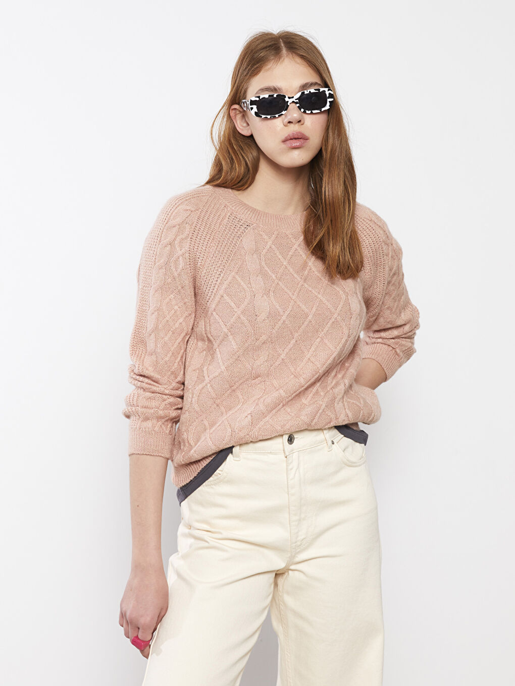 әйелдерге арналған дөңгелек жағалы өрнекті ұзын жең трикотаж жемпір-1