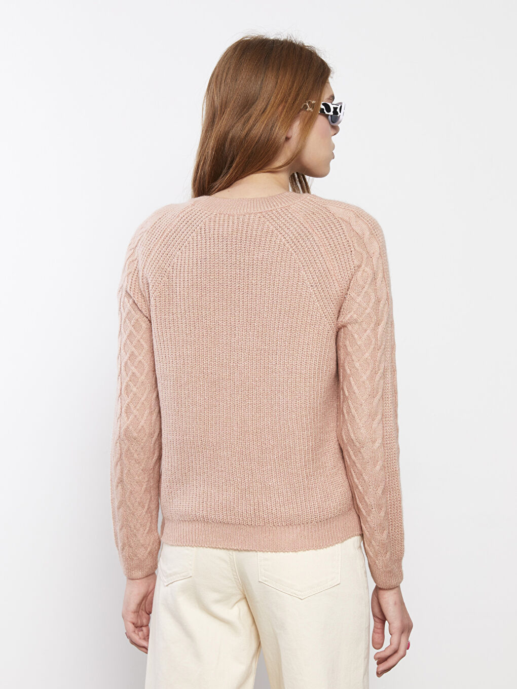 әйелдерге арналған дөңгелек жағалы өрнекті ұзын жең трикотаж жемпір-3