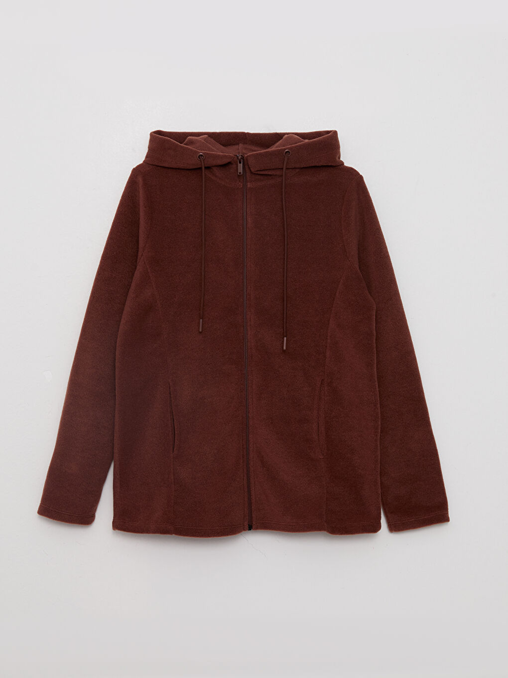 Kahverengi Kapüşonlu Düz Uzun Kollu Polar Kadın Spor Hırka-5