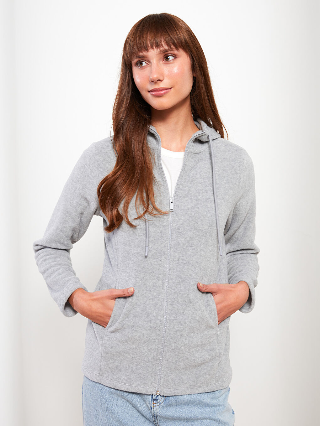 Hooded Regular Long Sleeve Fleece Women's Sports Cardigan
