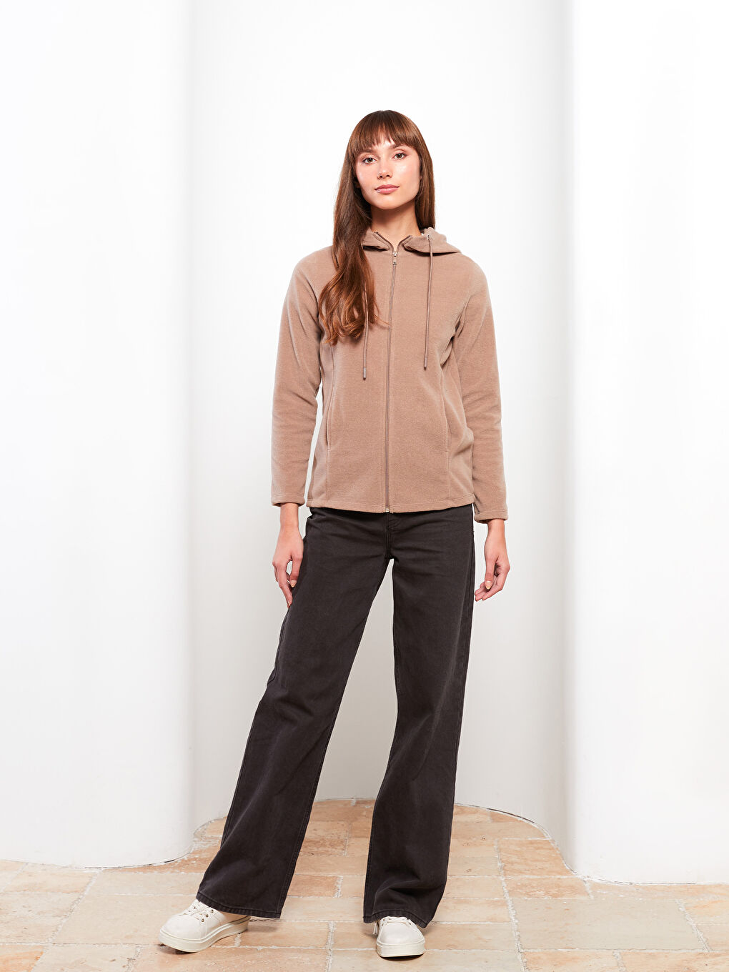 Kahverengi Kapüşonlu Düz Uzun Kollu Polar Kadın Spor Hırka