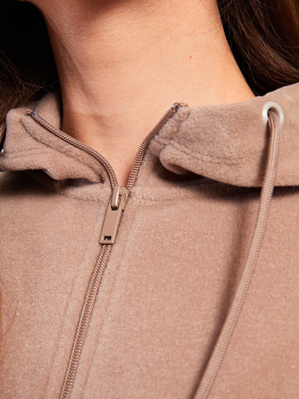 Kahverengi Kapüşonlu Düz Uzun Kollu Polar Kadın Spor Hırka-3