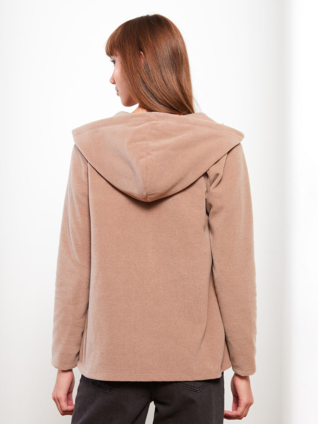 Kahverengi Kapüşonlu Düz Uzun Kollu Polar Kadın Spor Hırka-4