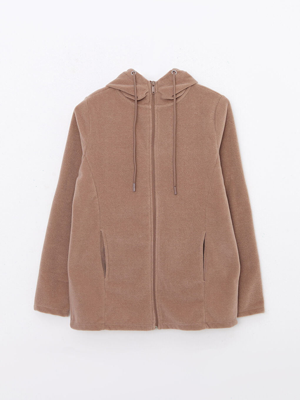 Kahverengi Kapüşonlu Düz Uzun Kollu Polar Kadın Spor Hırka-5