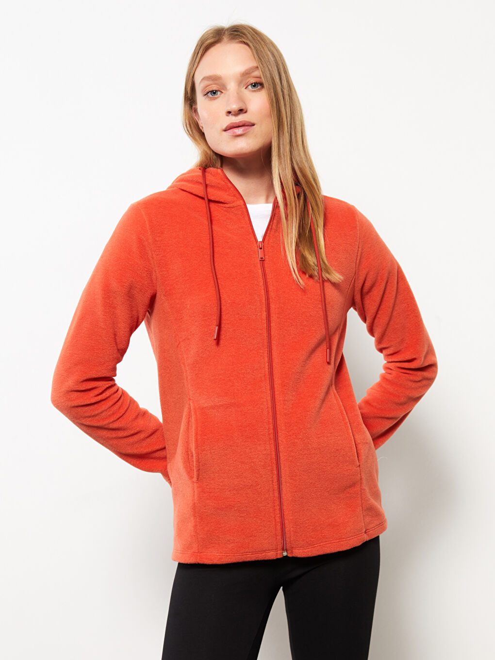Turuncu Kapüşonlu Düz Uzun Kollu Polar Kadın Spor Hırka