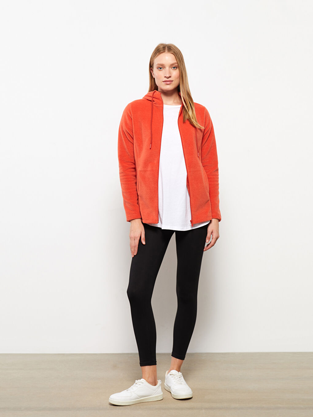 Turuncu Kapüşonlu Düz Uzun Kollu Polar Kadın Spor Hırka-1