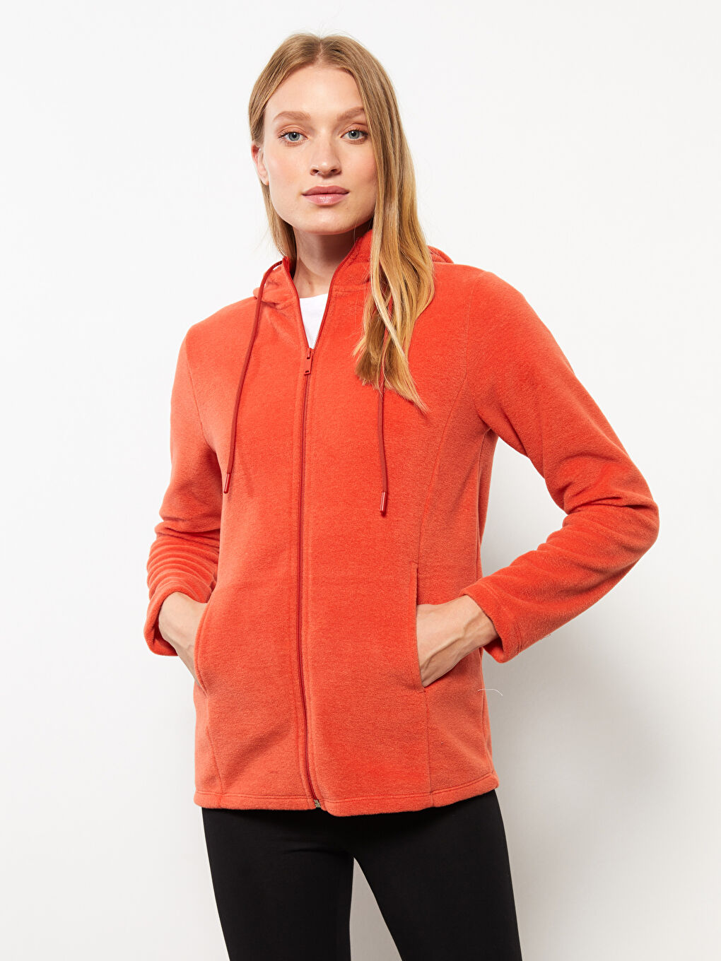 Turuncu Kapüşonlu Düz Uzun Kollu Polar Kadın Spor Hırka-2