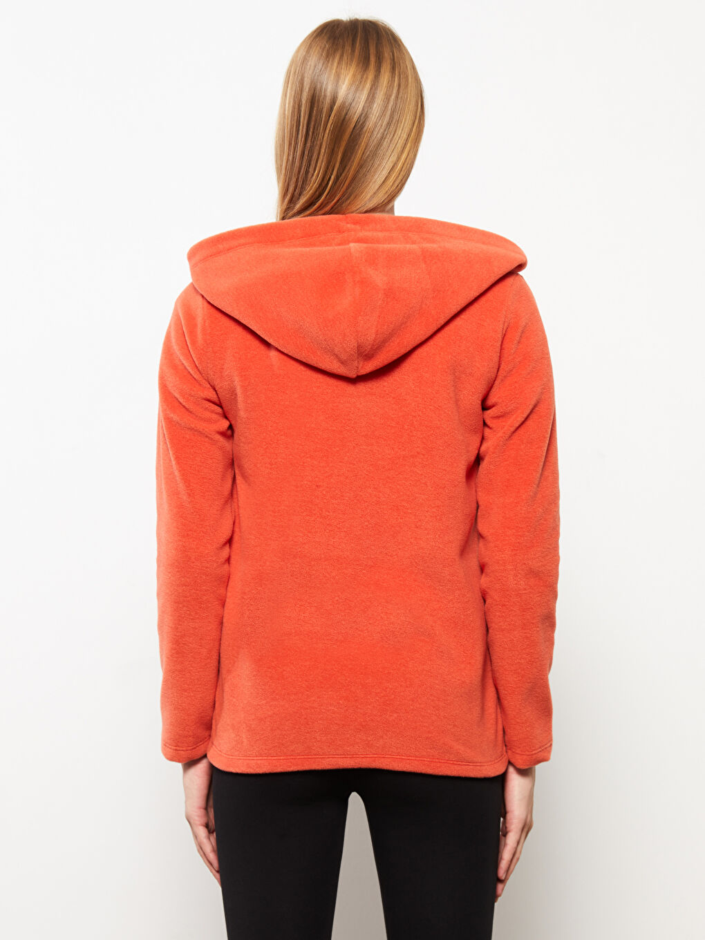 Turuncu Kapüşonlu Düz Uzun Kollu Polar Kadın Spor Hırka-4