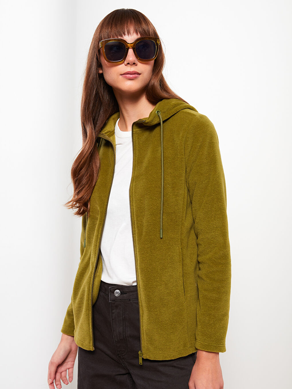 Yeşil Kapüşonlu Düz Uzun Kollu Polar Kadın Spor Hırka