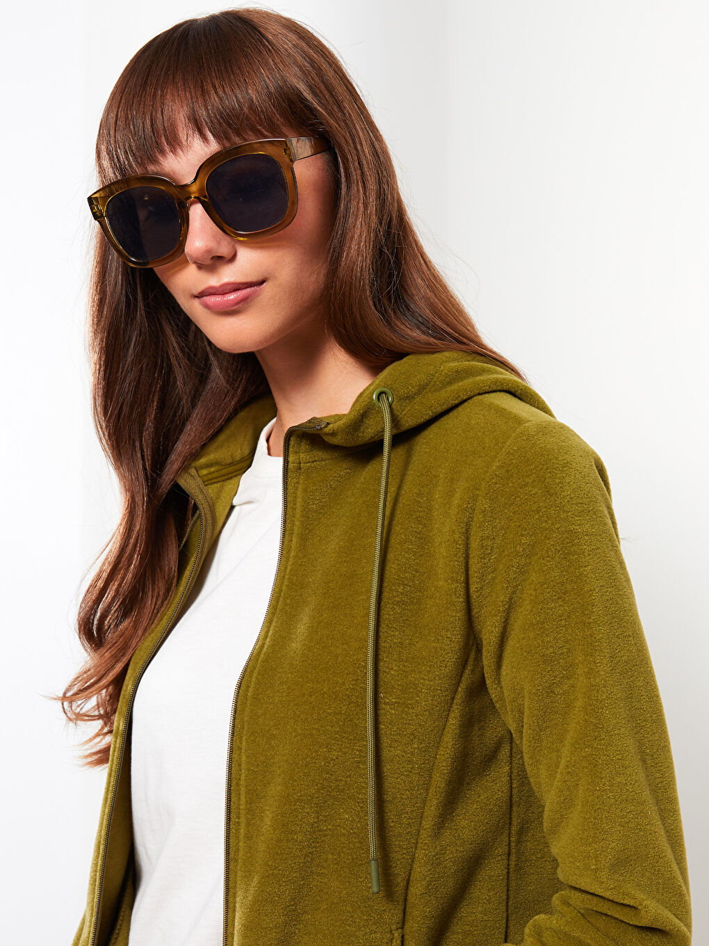 Yeşil Kapüşonlu Düz Uzun Kollu Polar Kadın Spor Hırka-2