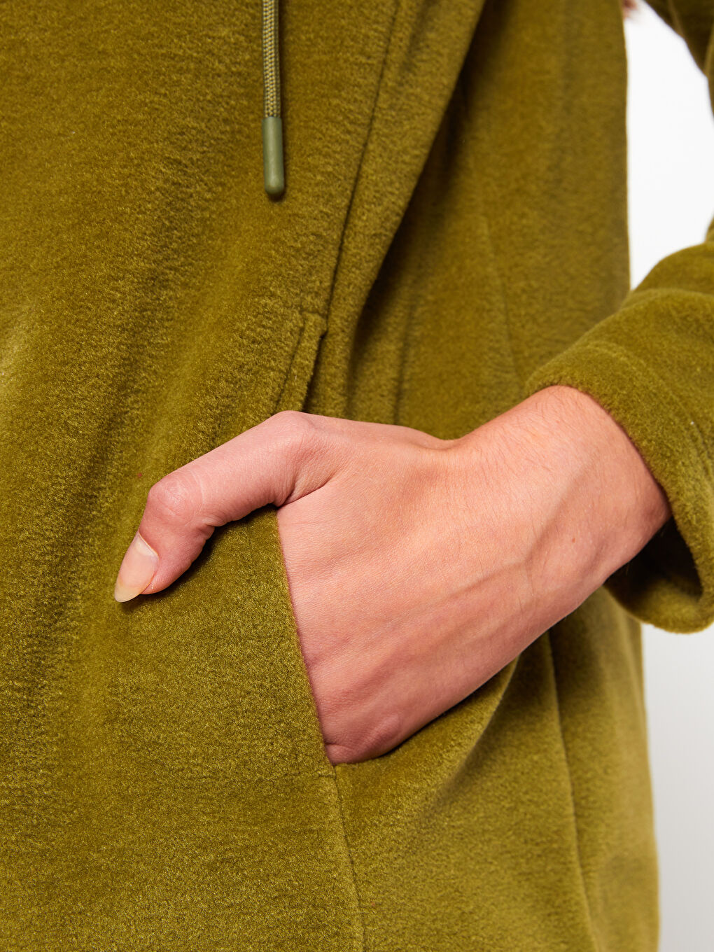 Yeşil Kapüşonlu Düz Uzun Kollu Polar Kadın Spor Hırka-3