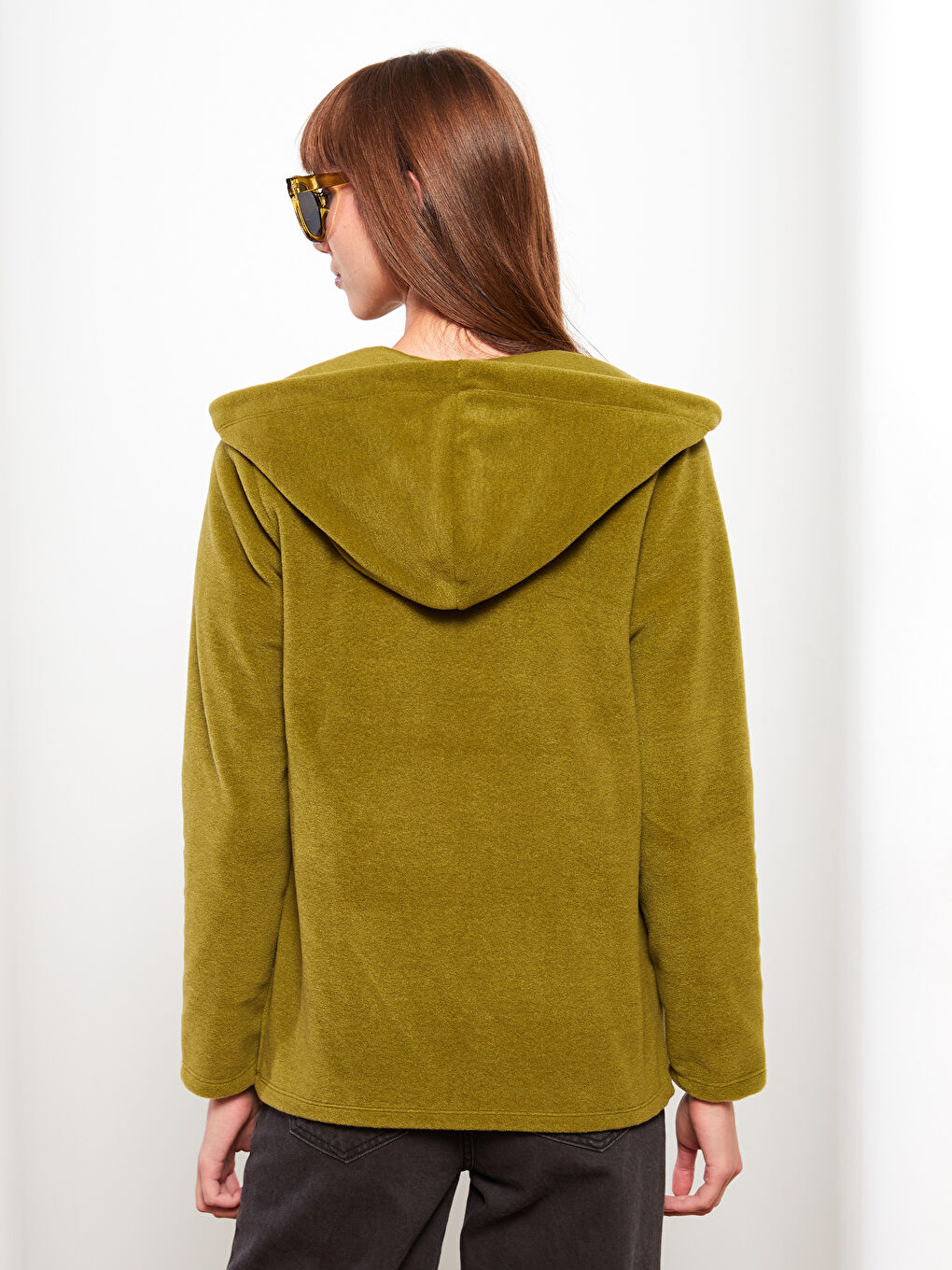 Yeşil Kapüşonlu Düz Uzun Kollu Polar Kadın Spor Hırka-4