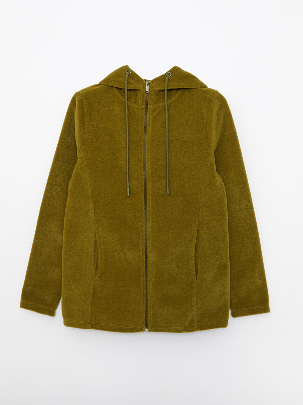 Yeşil Kapüşonlu Düz Uzun Kollu Polar Kadın Spor Hırka-5