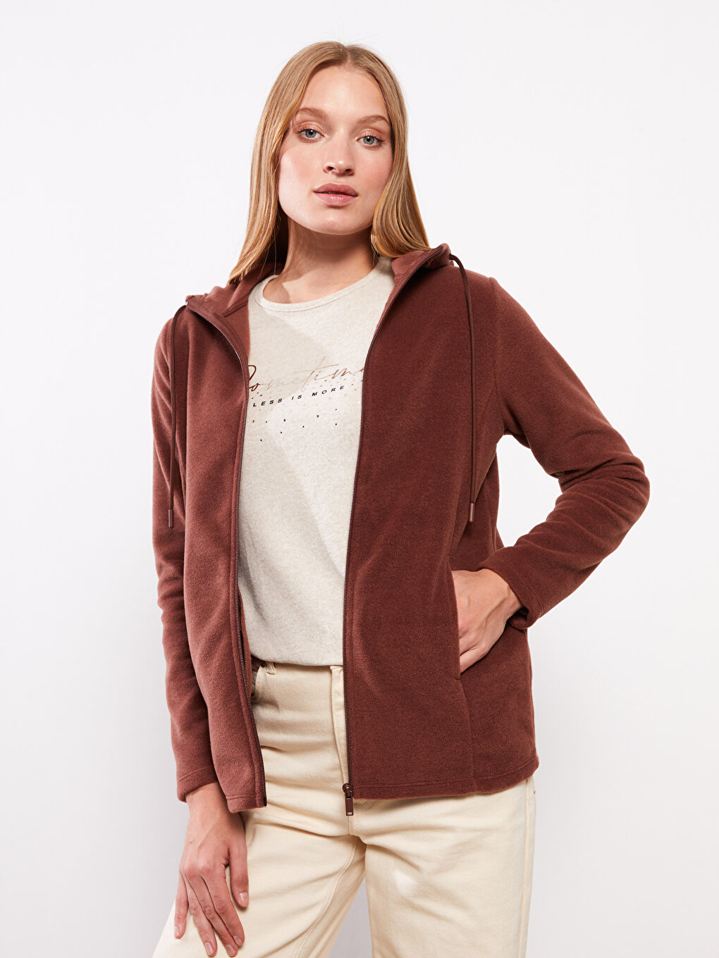 Kahverengi Kapüşonlu Düz Uzun Kollu Polar Kadın Spor Hırka