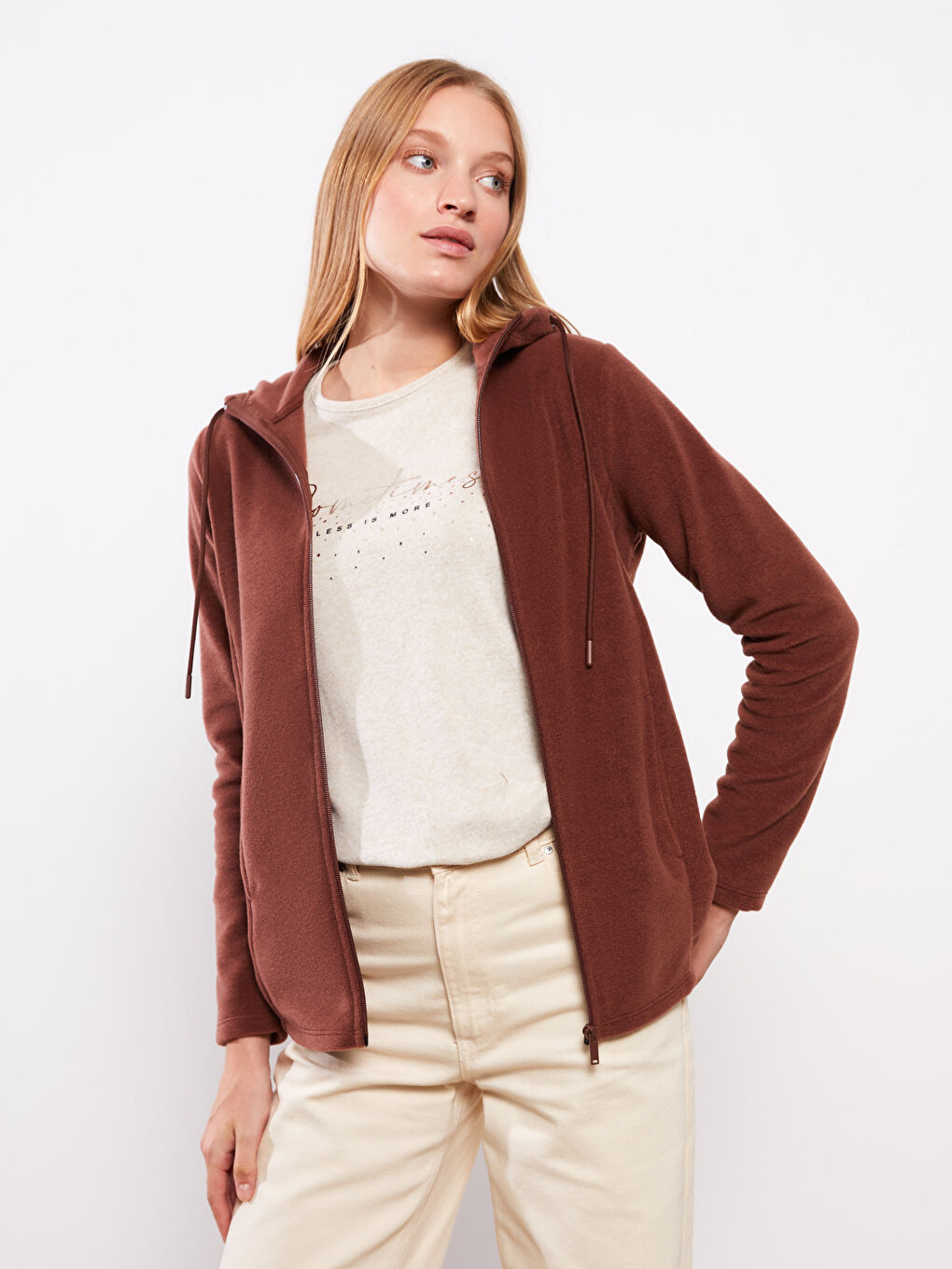 Kahverengi Kapüşonlu Düz Uzun Kollu Polar Kadın Spor Hırka-1