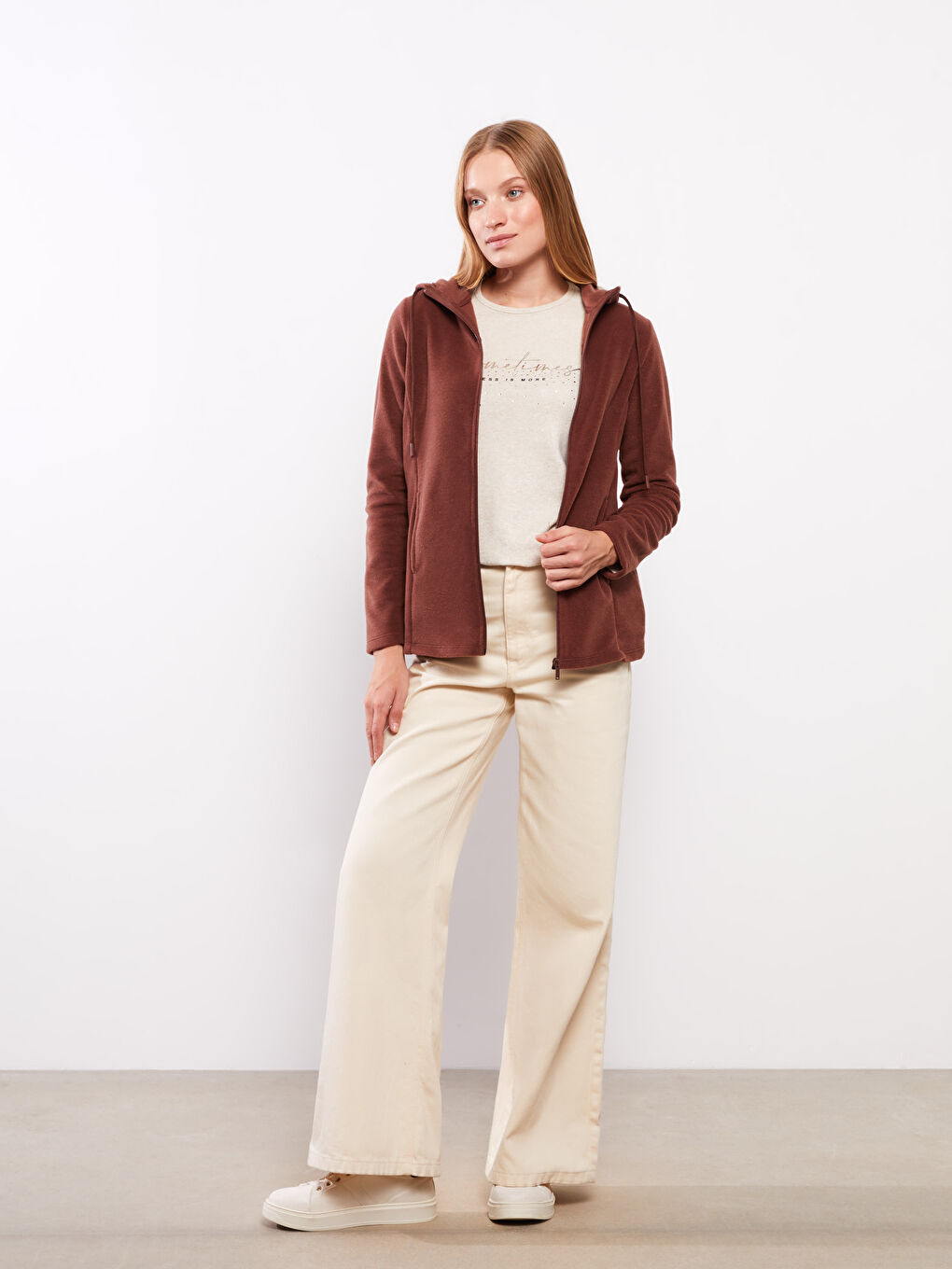 Kahverengi Kapüşonlu Düz Uzun Kollu Polar Kadın Spor Hırka-2