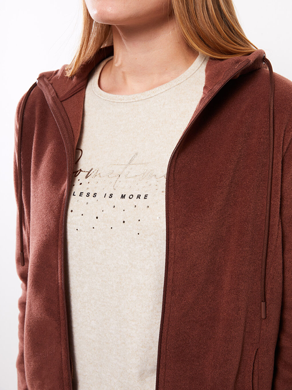 Kahverengi Kapüşonlu Düz Uzun Kollu Polar Kadın Spor Hırka-3