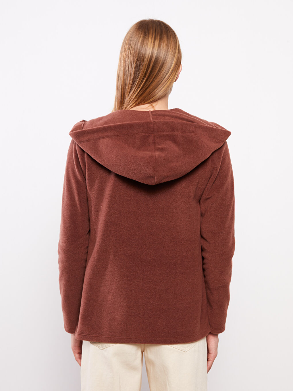 Kahverengi Kapüşonlu Düz Uzun Kollu Polar Kadın Spor Hırka-4