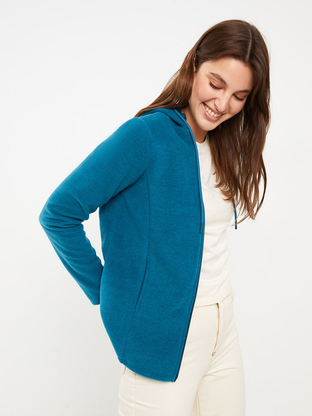 Petrol Kapüşonlu Düz Uzun Kollu Polar Kadın Spor Hırka