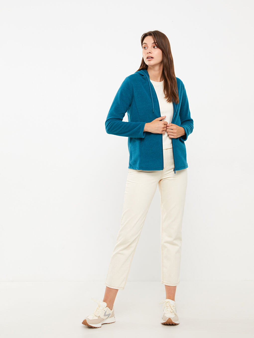 Petrol Kapüşonlu Düz Uzun Kollu Polar Kadın Spor Hırka-1