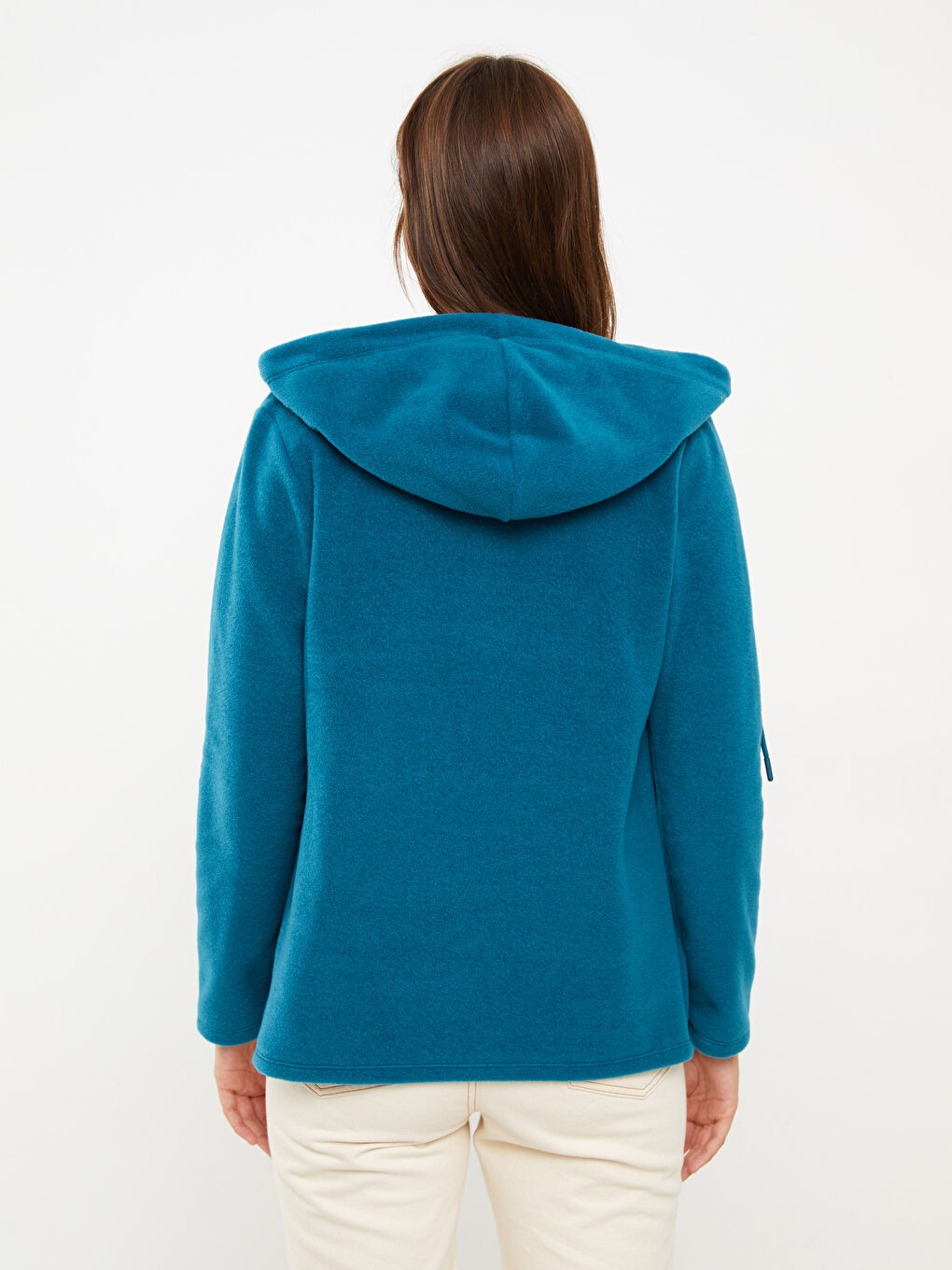 Petrol Kapüşonlu Düz Uzun Kollu Polar Kadın Spor Hırka-3
