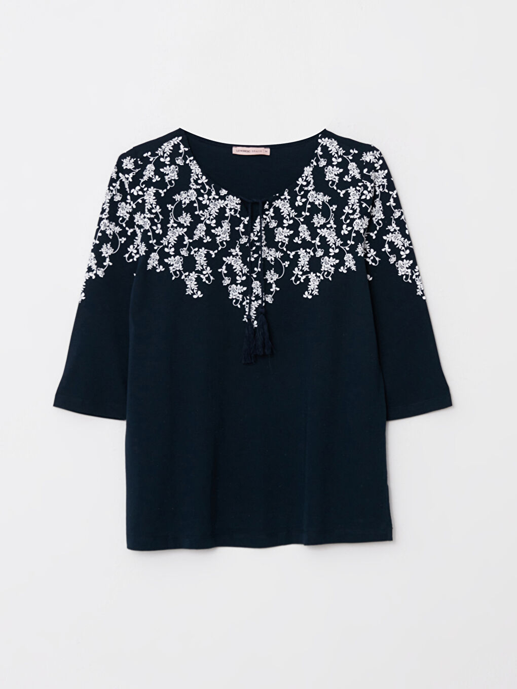 Tie Collar Patterned Cotton Women's T-Shirt-5