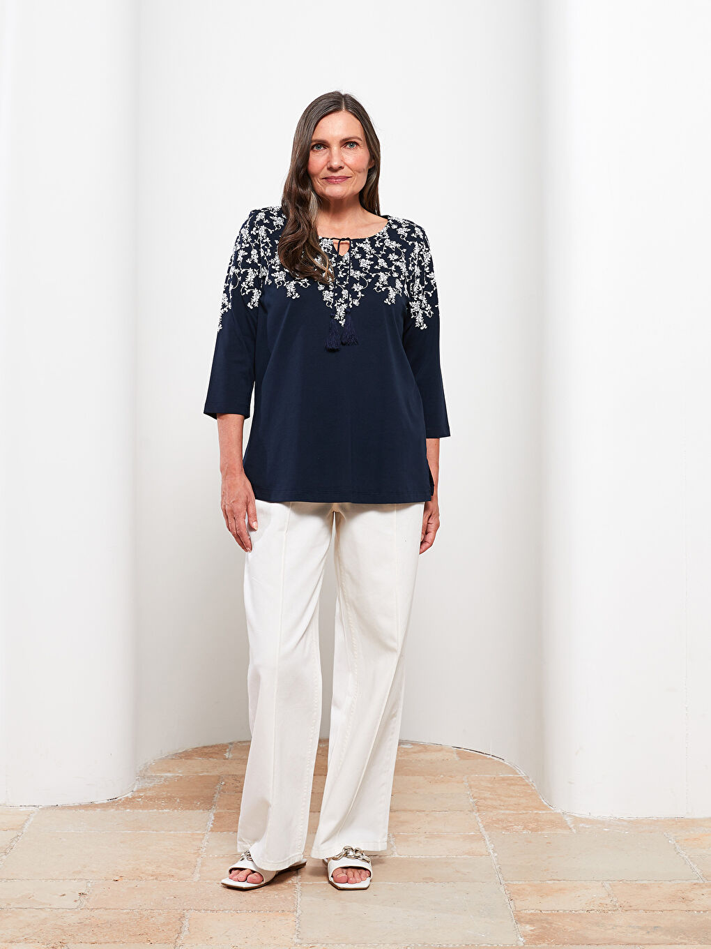 Tie Collar Patterned Cotton Women's T-Shirt-2