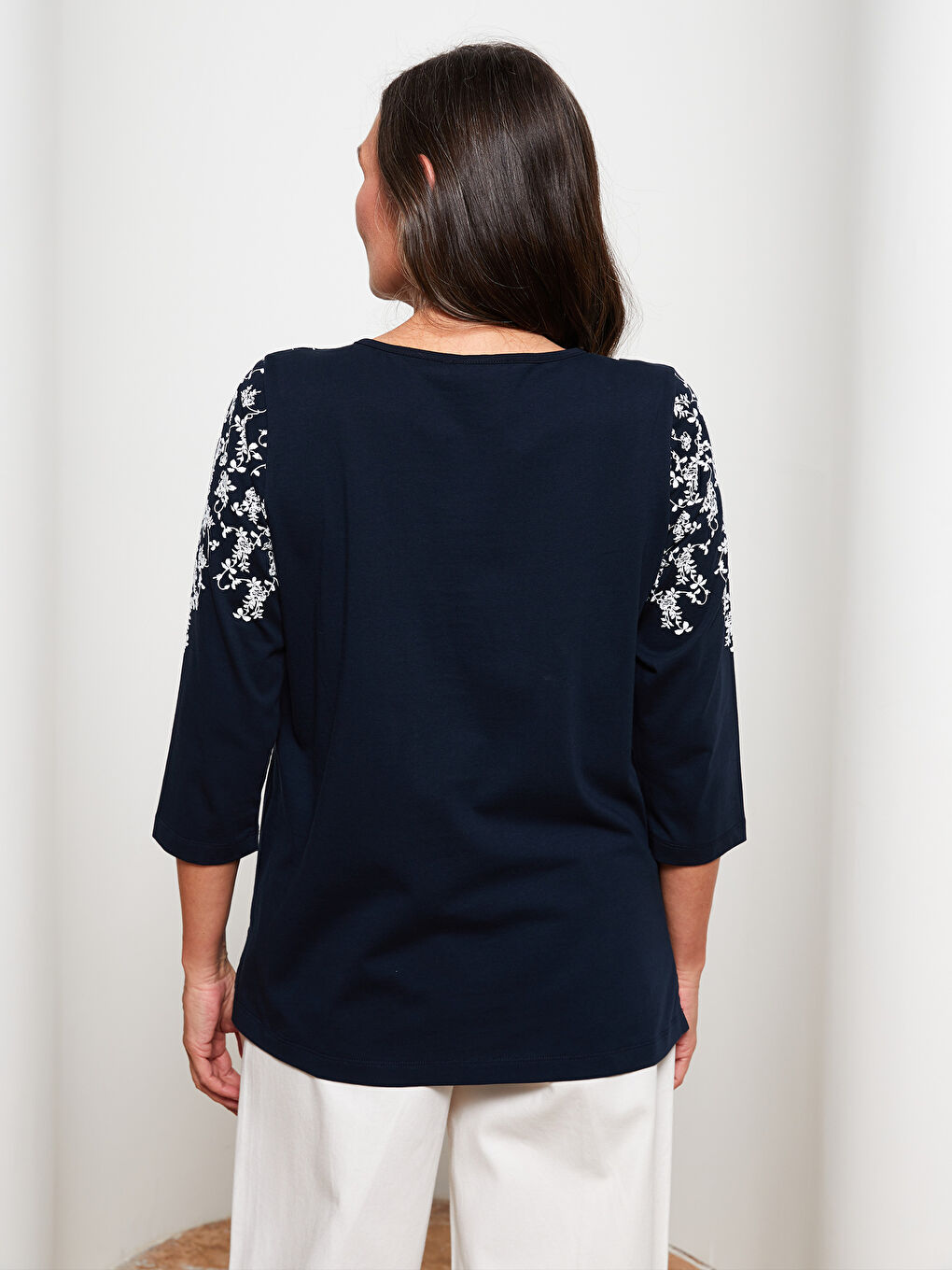 Tie Collar Patterned Cotton Women's T-Shirt-4