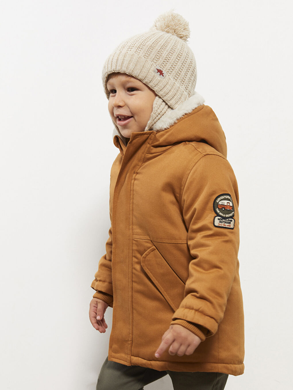 Kahverengi Kapüşonlu Uzun Kollu Basic Erkek Bebek Mont-2