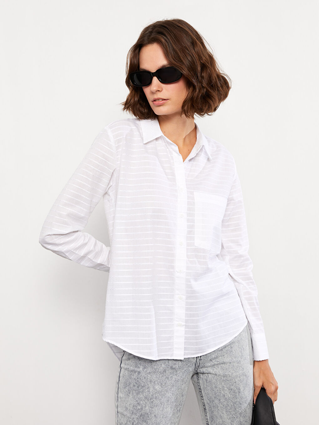 Buttoned Striped Long Sleeve Cotton Women's Shirt-1