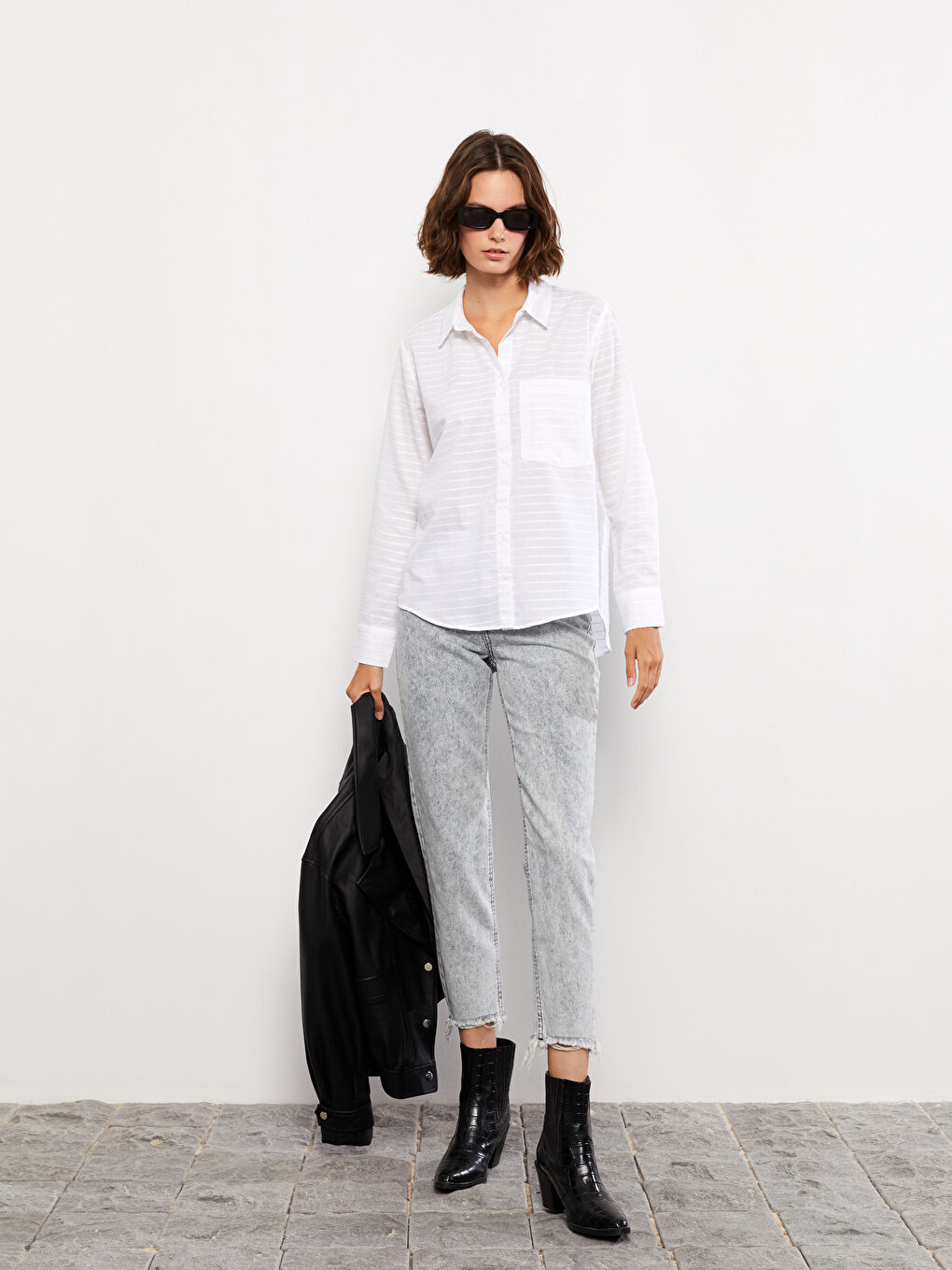 Buttoned Striped Long Sleeve Cotton Women's Shirt-2