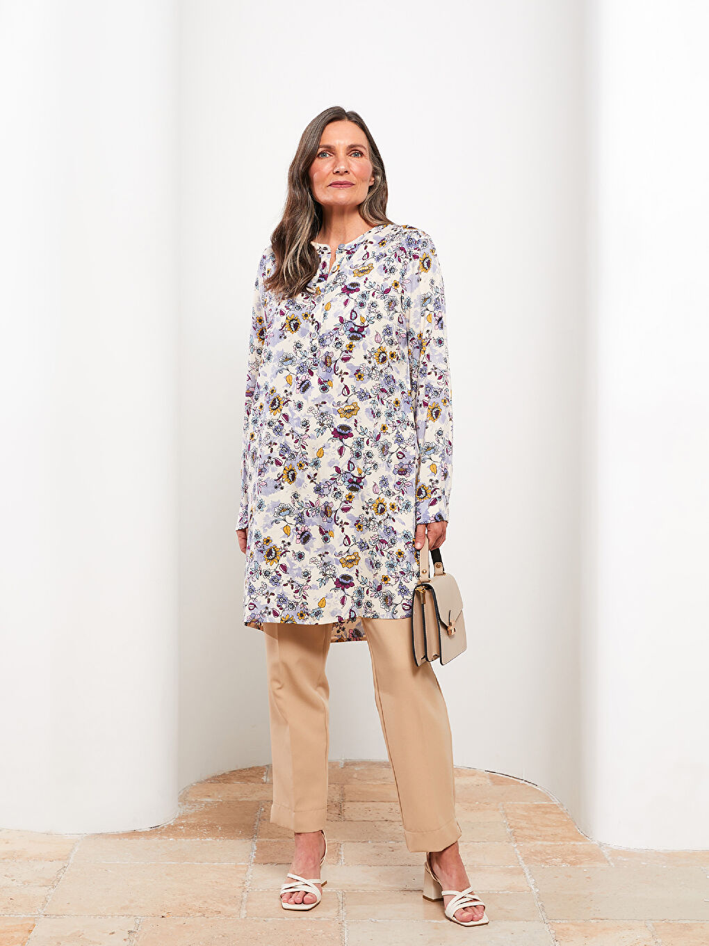 LCW Grace Bisiklet Yaka Desenli Uzun Kollu Poplin Kadın Tunik -W26257Z8-F9C