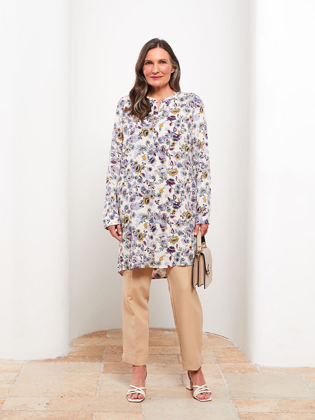 LCW Grace Bisiklet Yaka Desenli Uzun Kollu Poplin Kadın Tunik -W26257Z8-F9C