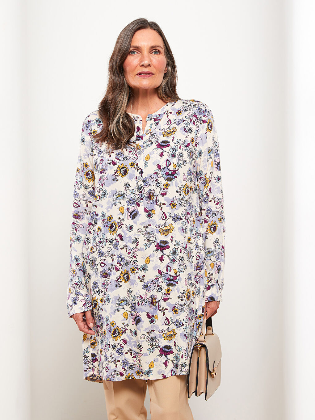 LCW Grace Bisiklet Yaka Desenli Uzun Kollu Poplin Kadın Tunik -W26257Z8-F9C