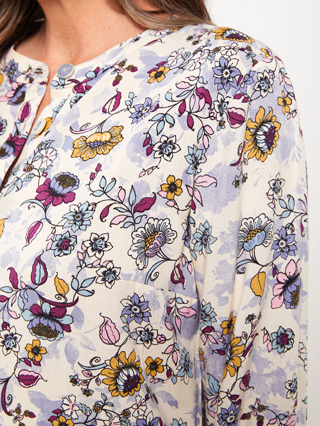 LCW Grace Bisiklet Yaka Desenli Uzun Kollu Poplin Kadın Tunik -W26257Z8-F9C
