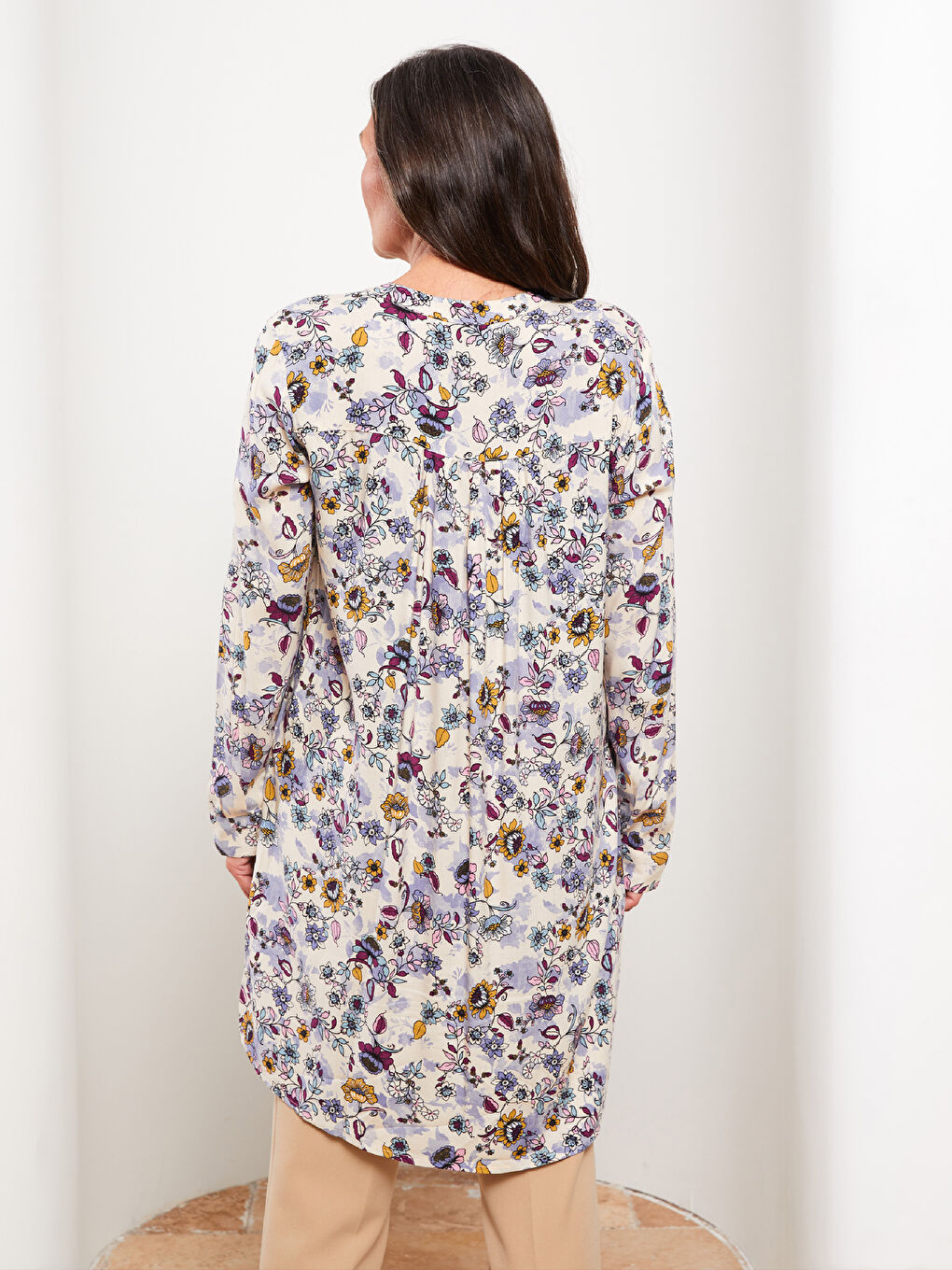 LCW Grace Bisiklet Yaka Desenli Uzun Kollu Poplin Kadın Tunik -W26257Z8-F9C