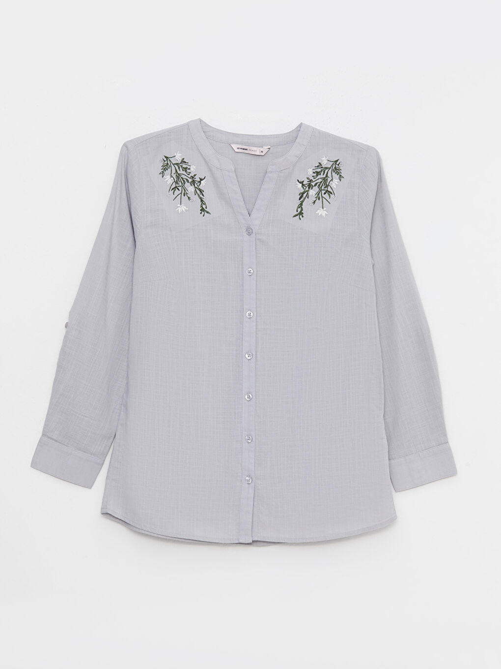 Gri Kaçık Yaka Nakışlı Uzun Kollu Pamuklu Kadın Gömlek-5