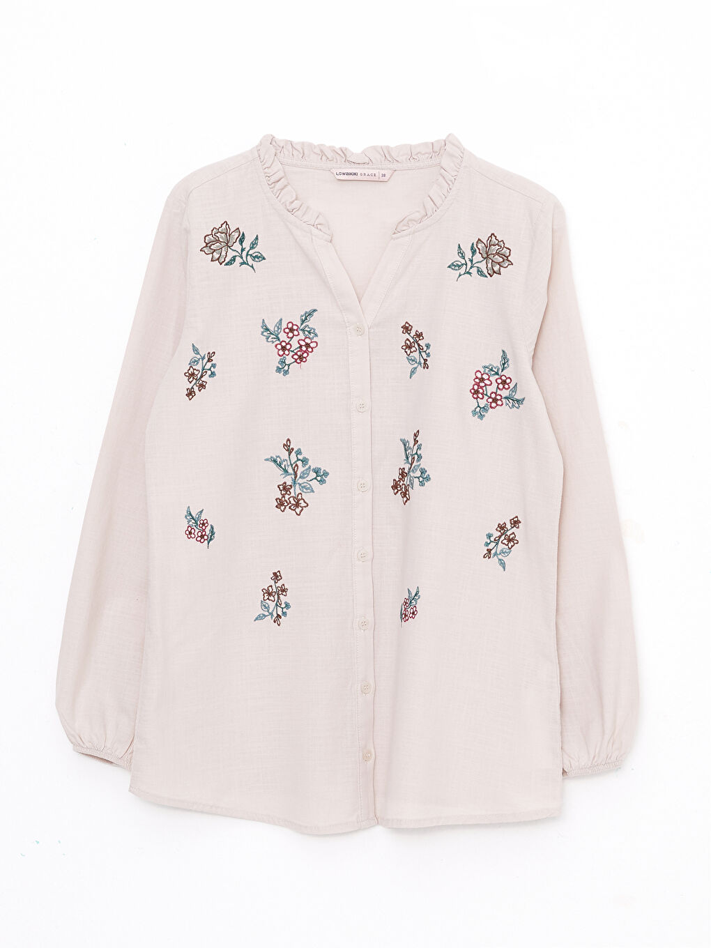 Gri Kaçık Yaka Nakışlı Uzun Kollu Kadın Gömlek-5