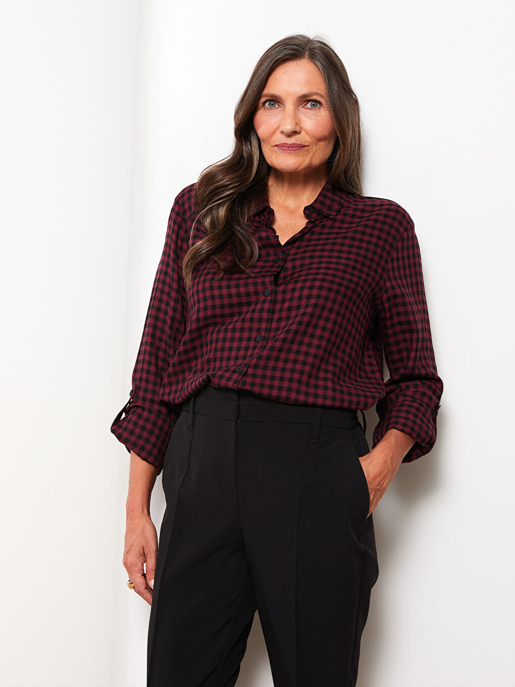 LCW Grace Buttoned Plaid Long Sleeve Gabardine Women's Shirt -W26263Z8-LLH