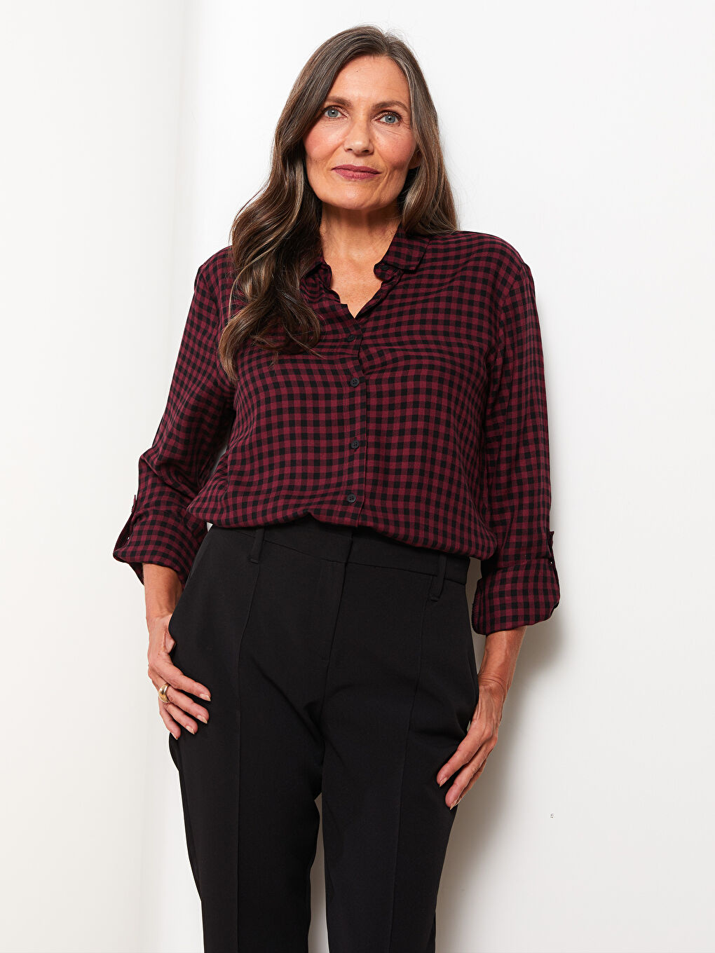 LCW Grace Buttoned Plaid Long Sleeve Gabardine Women's Shirt -W26263Z8-LLH