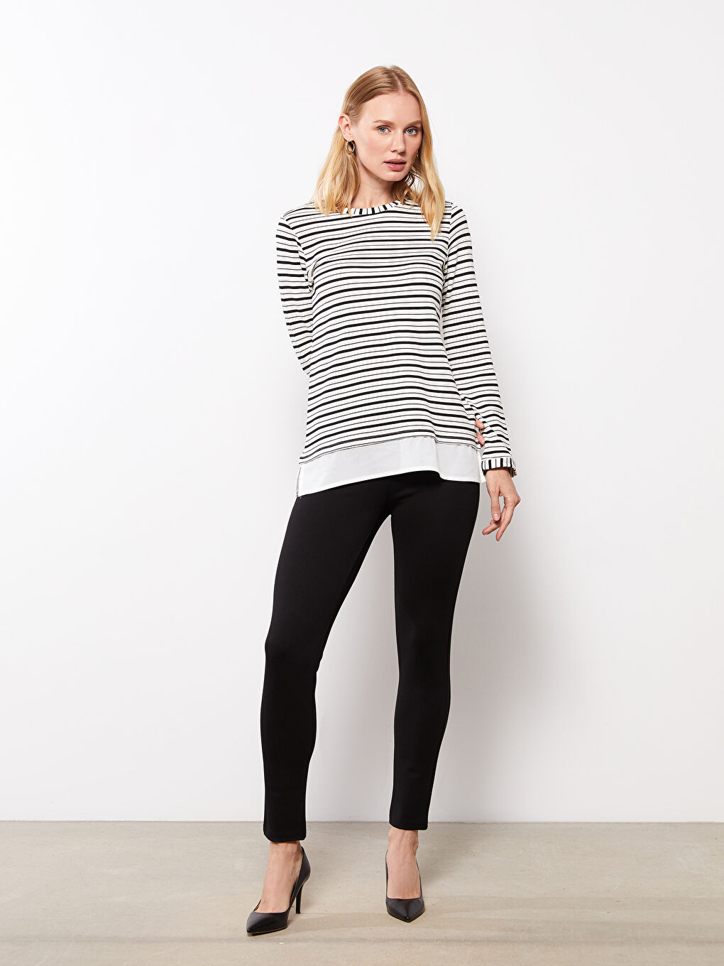 Ekru Bisiklet Yaka Çizgili Uzun Kollu Kadın Bluz-2