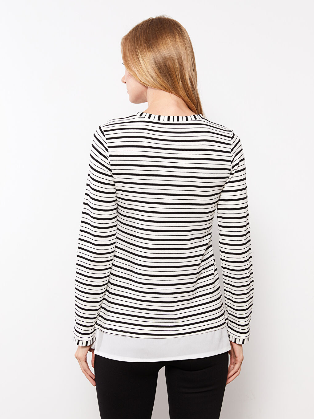 Ekru Bisiklet Yaka Çizgili Uzun Kollu Kadın Bluz-4