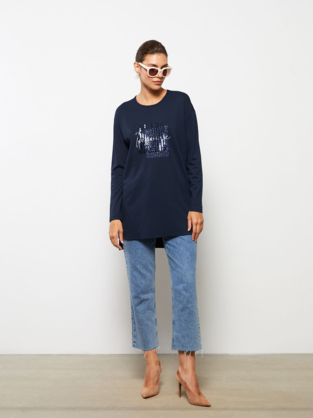 LCWAIKIKI Basic Crew Neck Patterned Long Sleeve Women's Tunic -W26269Z8-HFK